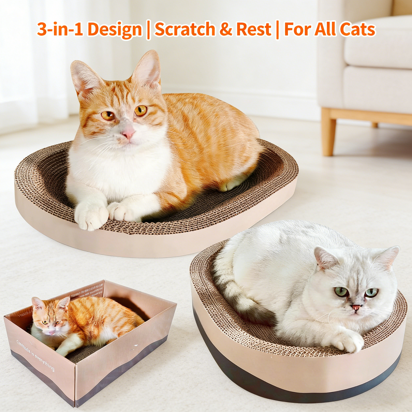 3-Pack Oval Cat Scratcher Bed, Corrugated Cardboard