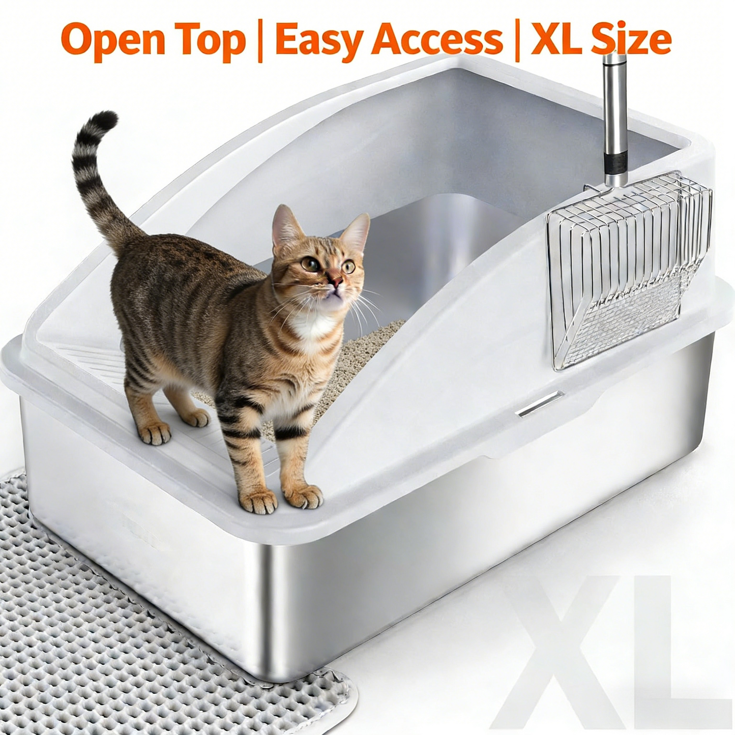 Stainless Steel Enclosed Litter Box, XL Size, Anti-Leak with Mat & Scoop
