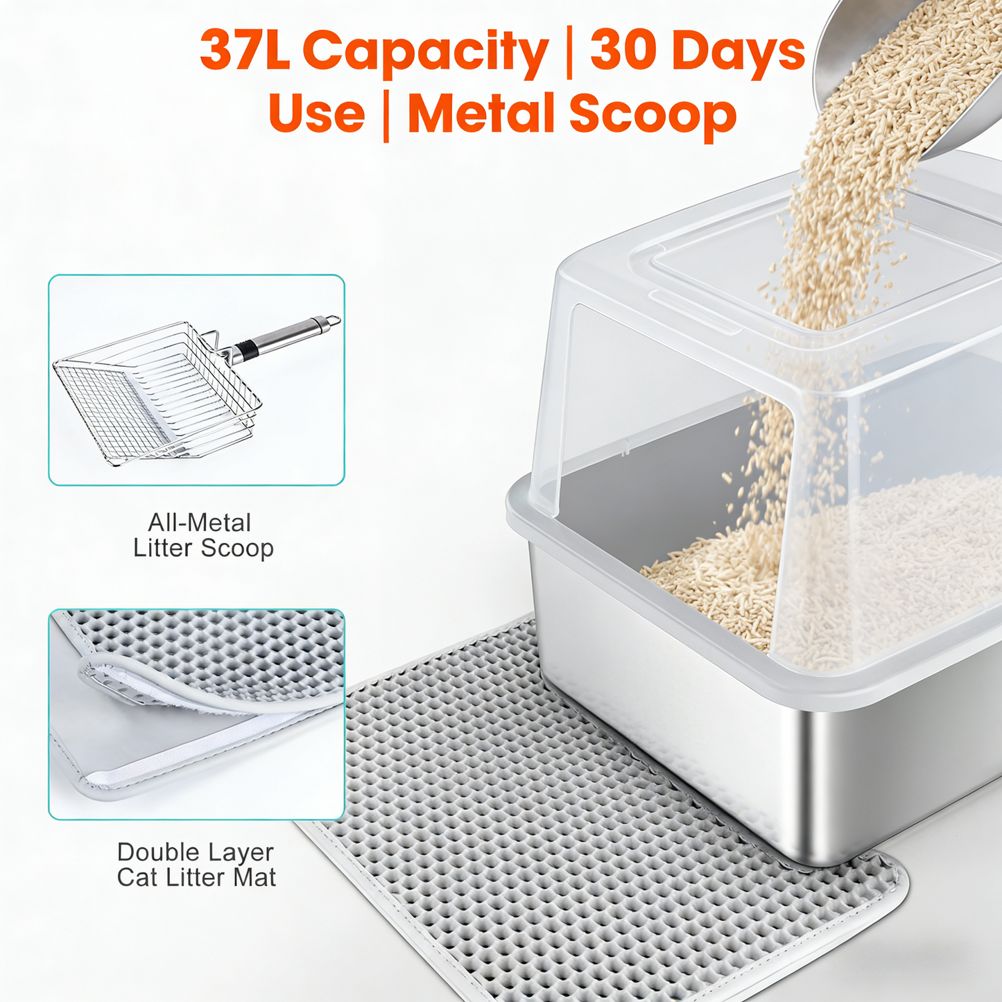 Stainless Steel Enclosed Litter Box, XL Size, Anti-Leak with Mat & Scoop