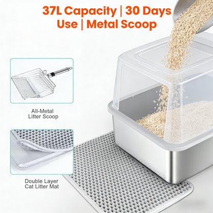 Stainless Steel Enclosed Litter Box, XL Size, Anti-Leak with Mat & Scoop